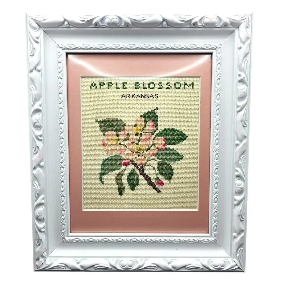 Apple Blossom Arkansas Cross Stitch Framed Wall Art 13x11 Pink Mat White Frame